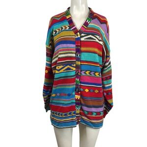 Christine Foley Womens Size 2 Multicolor Geometric Intarsia Cotton Cardigan
